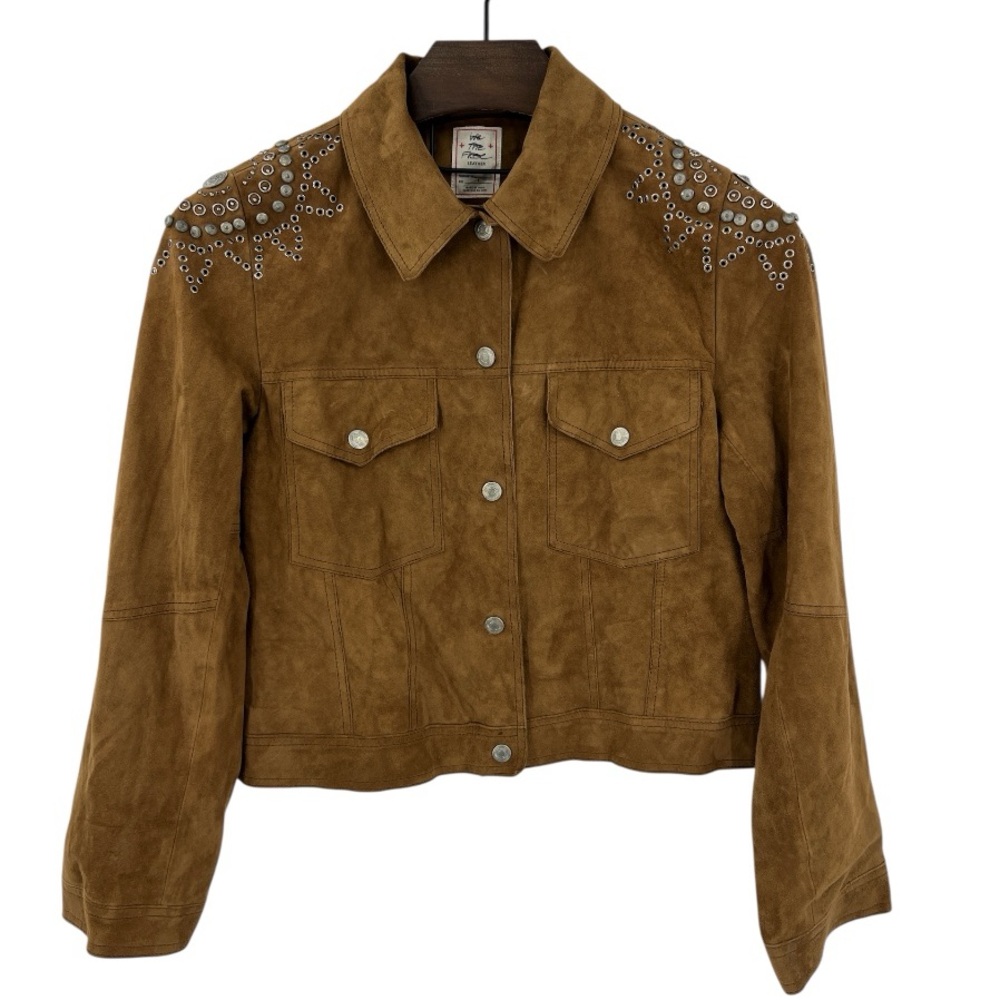 Free People Tan Suede Embellished Jaya Boxy Chore Jacket Brown SZ S - Picture 2 of 12